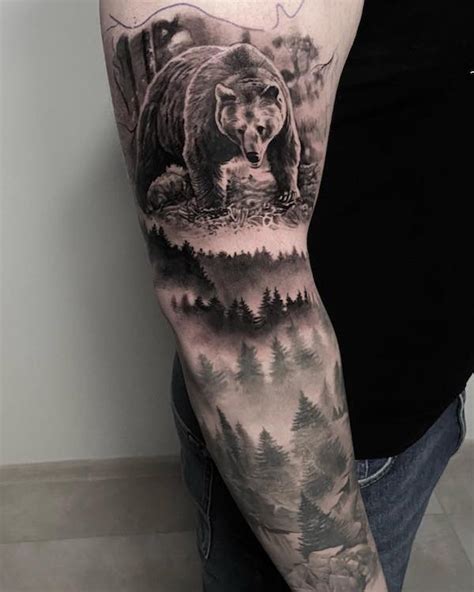 bear tattoo thigh|bear and mountain tattoos.